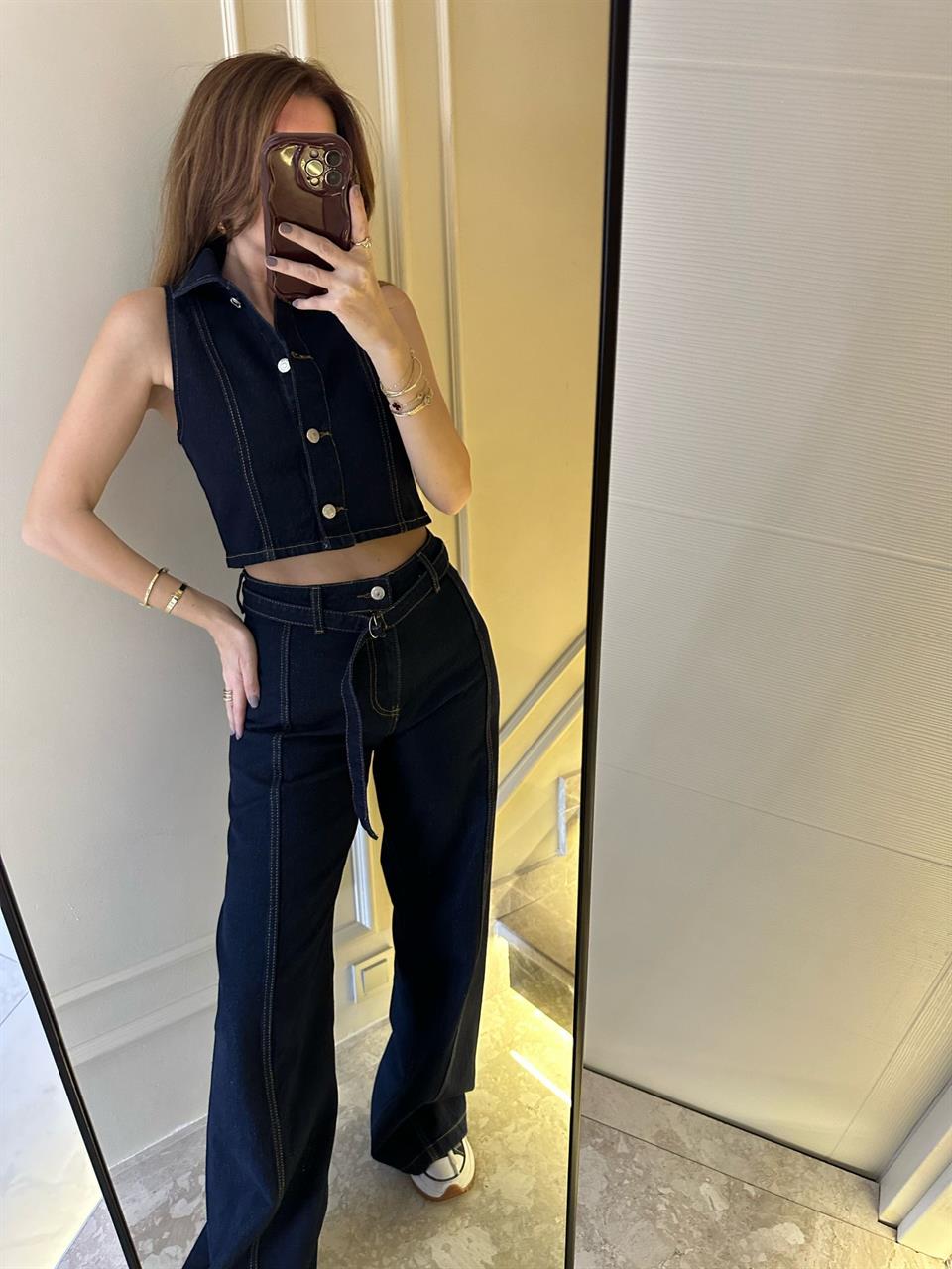 Lacivert Kemer Detay Wide Leg Jean