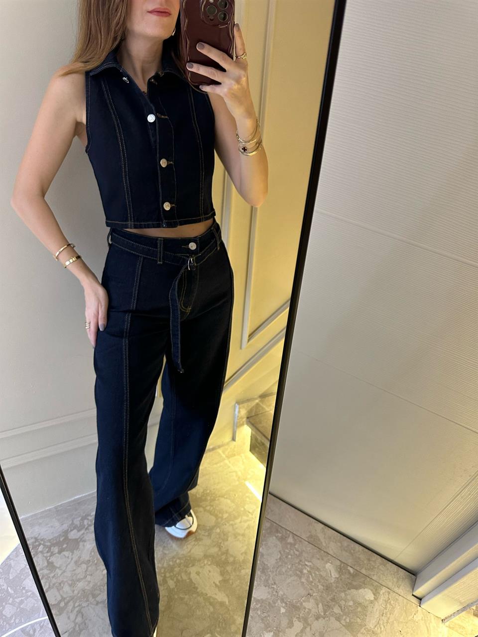 Lacivert Kemer Detay Wide Leg Jean