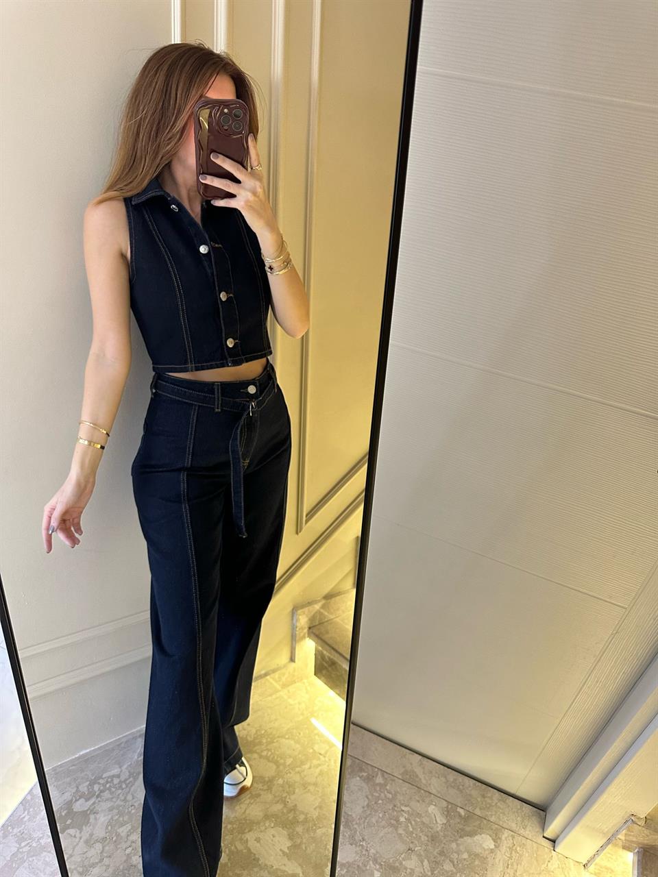 Lacivert Kemer Detay Wide Leg Jean