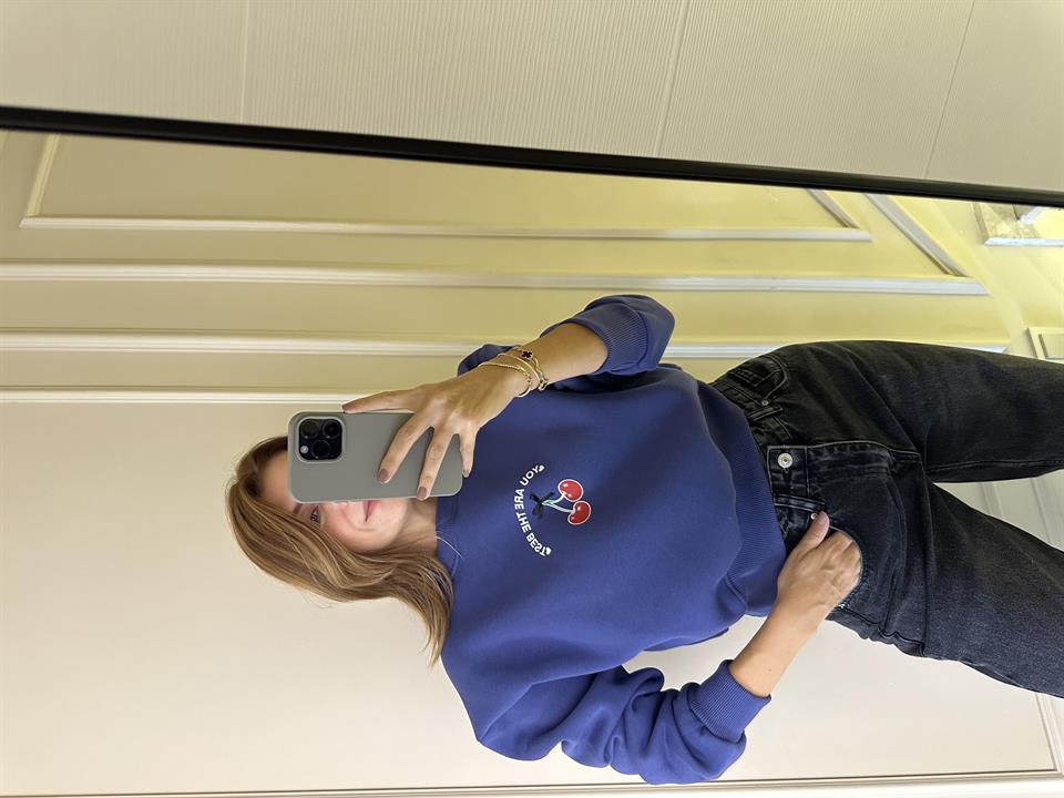 Lacivert Kiraz Baskı Sweatshirt