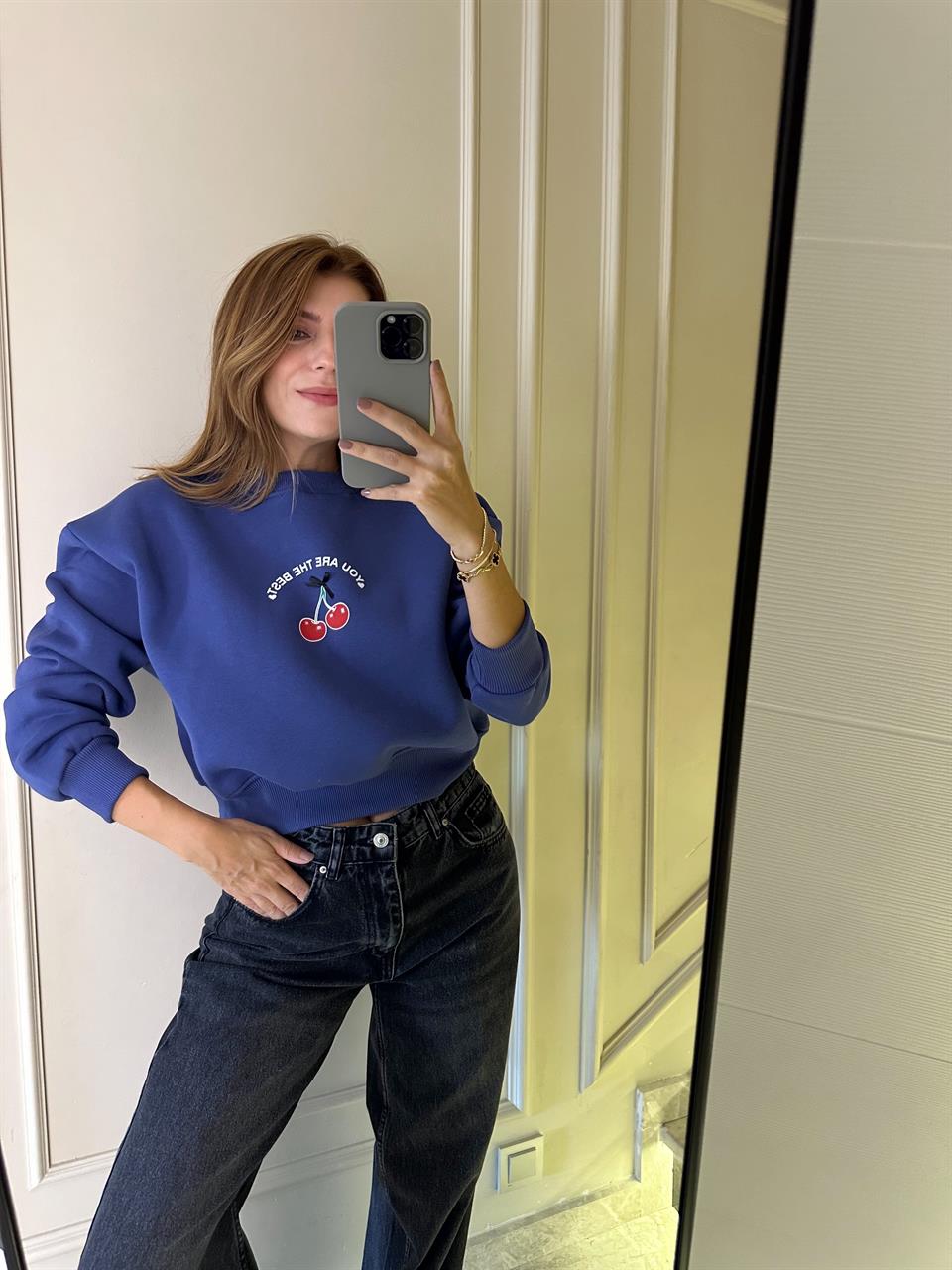 Lacivert Kiraz Baskı Sweatshirt