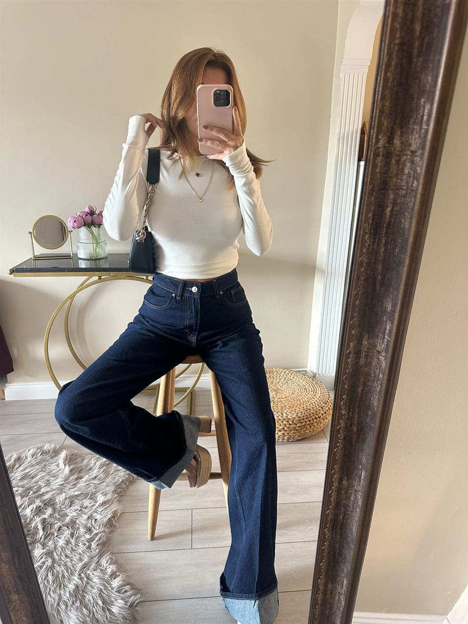 Lacivert Kıvrık Paça Wide Leg Kot Pantolon