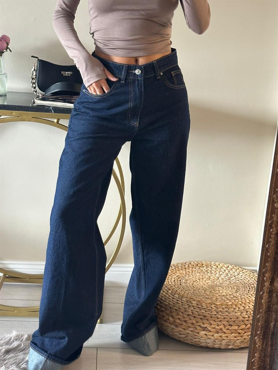 Lacivert Kıvrık Paça Wide Leg Kot Pantolon