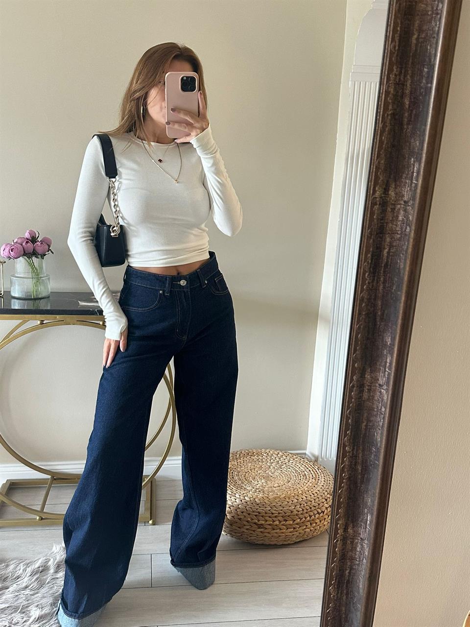 Lacivert Kıvrık Paça Wide Leg Kot Pantolon