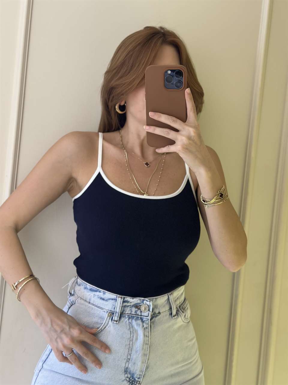 Lacivert Kontrast Şeritli Askılı Bluz