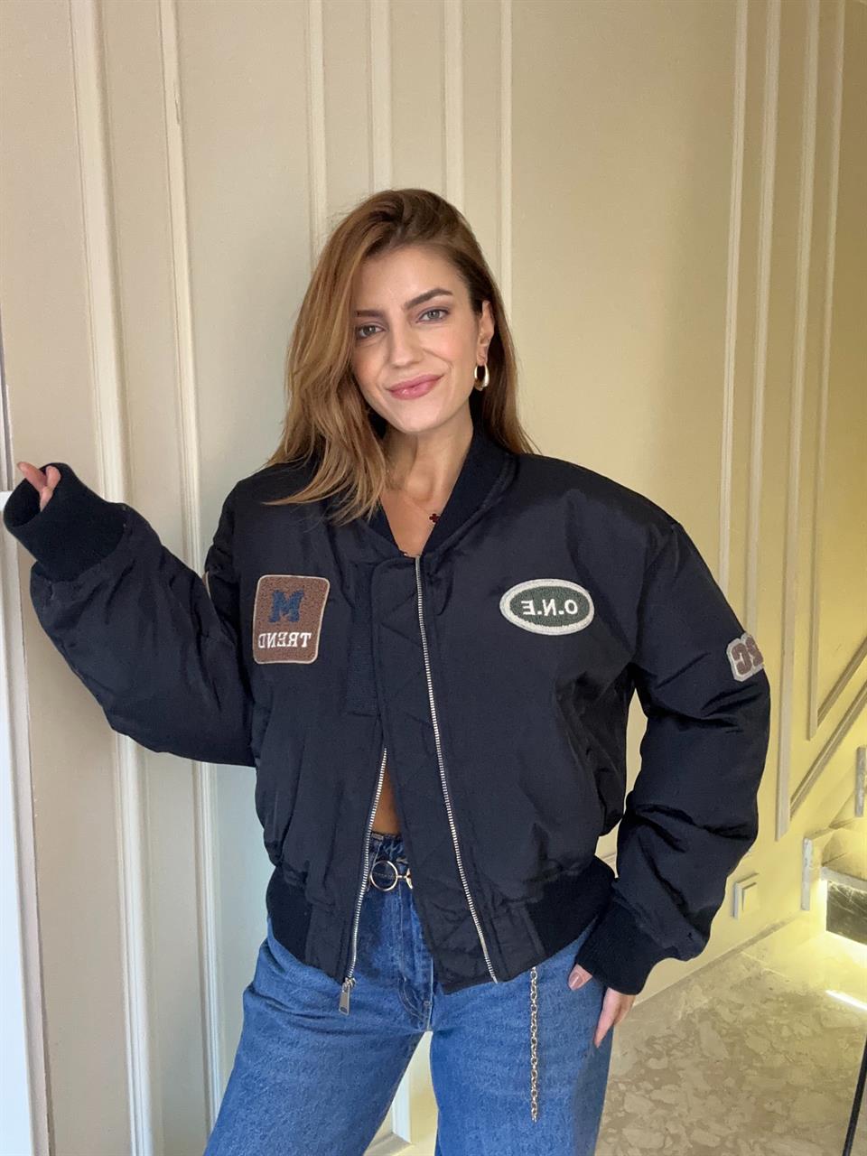 Lacivert Nakışlı Arma Bomber Mont