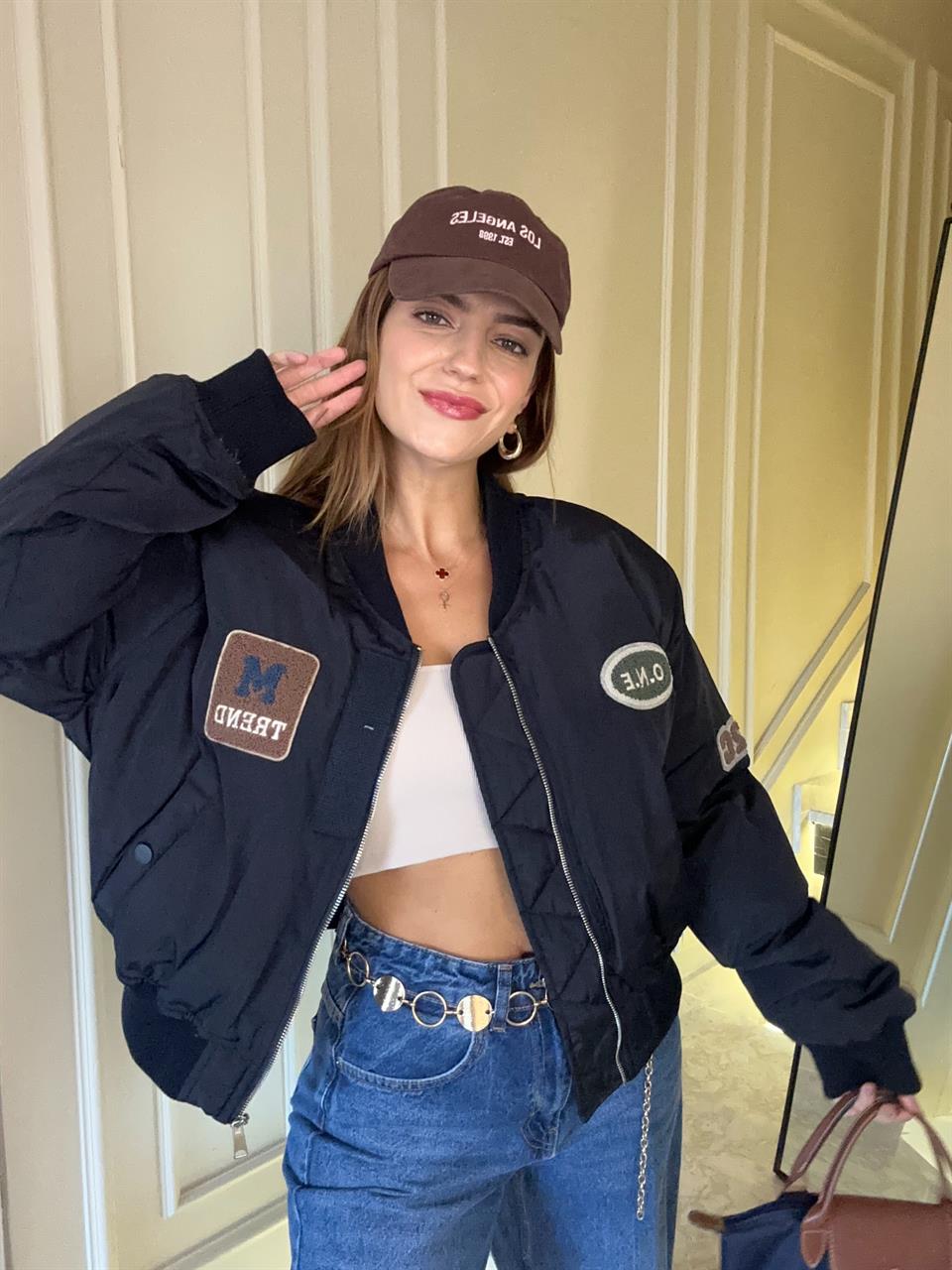 Lacivert Nakışlı Arma Bomber Mont