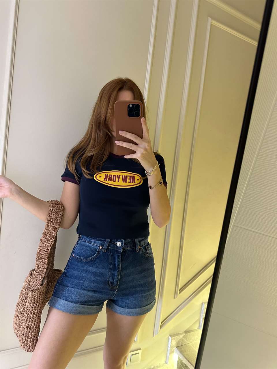 Lacivert New York Baskılı Biyeli Tişört