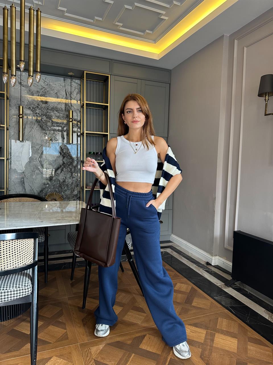 Lacivert Palazzo Üç İplik Polar Eşofman