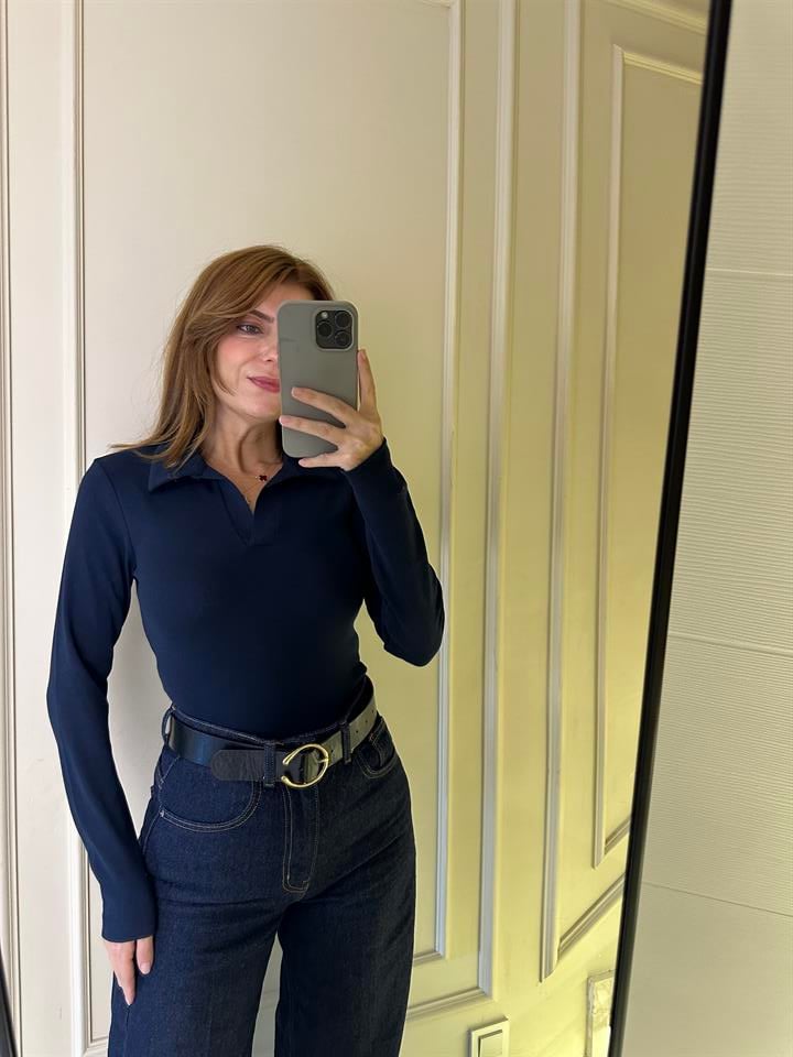 Lacivert Polo Yaka Uzun Kol Bluz