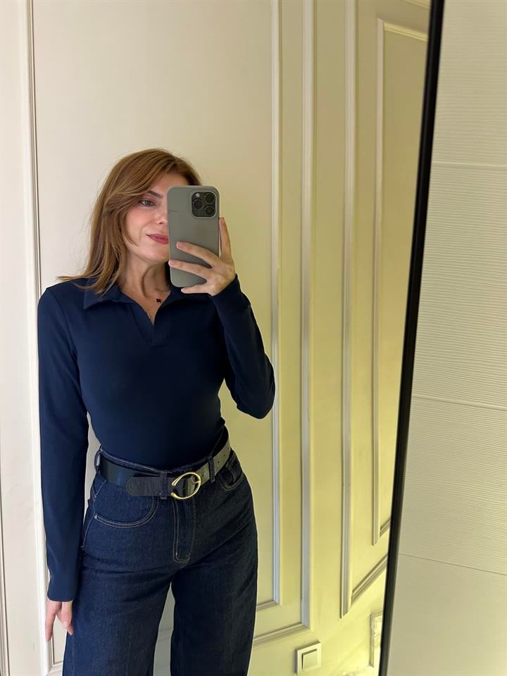 Lacivert Polo Yaka Uzun Kol Bluz