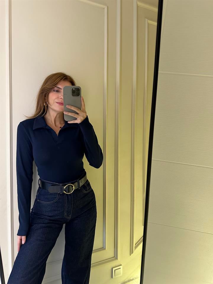 Lacivert Polo Yaka Uzun Kol Bluz