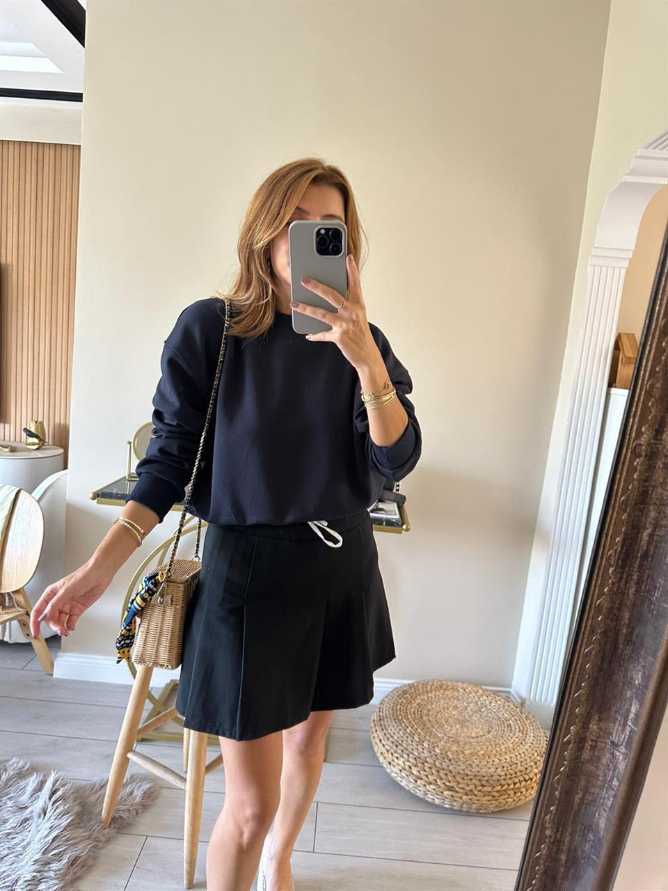 Lacivert Ribanalı Crop Sweatshirt