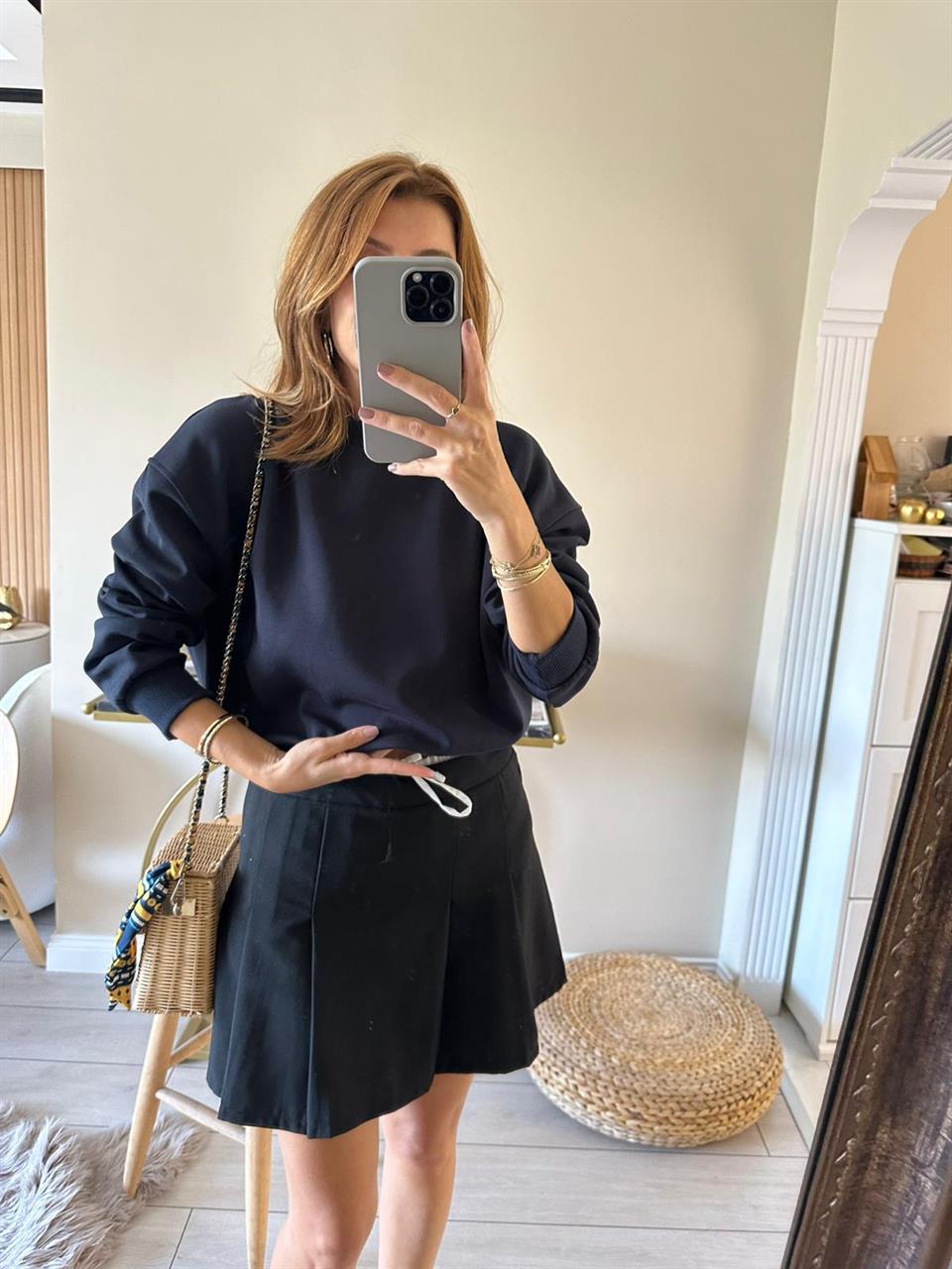 Lacivert Ribanalı Crop Sweatshirt