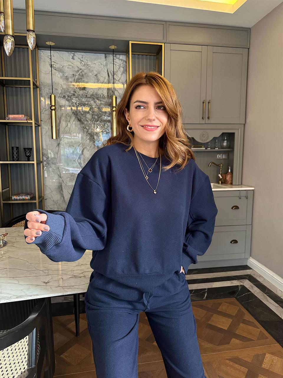 Lacivert Ribanalı Selanik Kumaş Takım