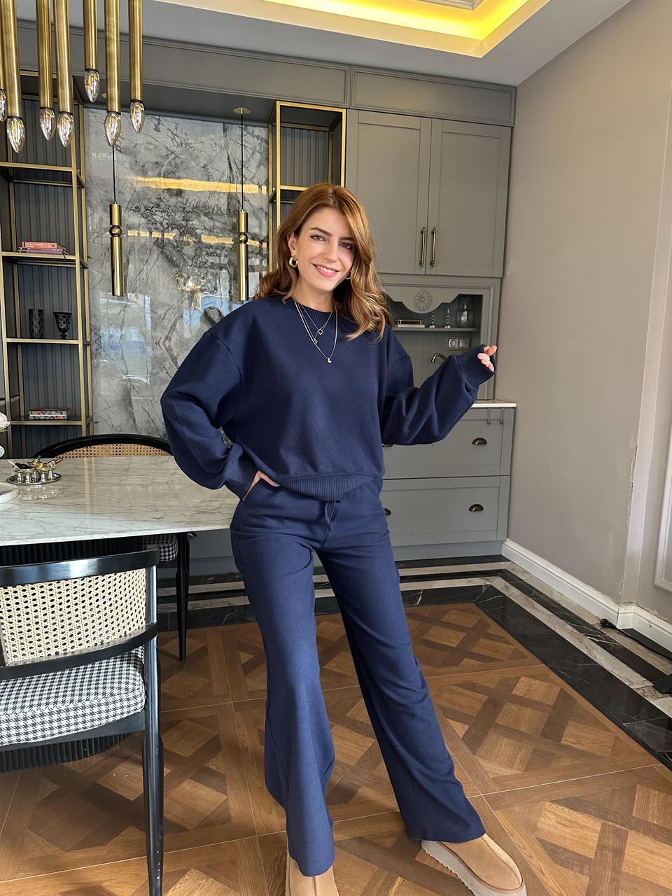 Lacivert Ribanalı Selanik Kumaş Takım