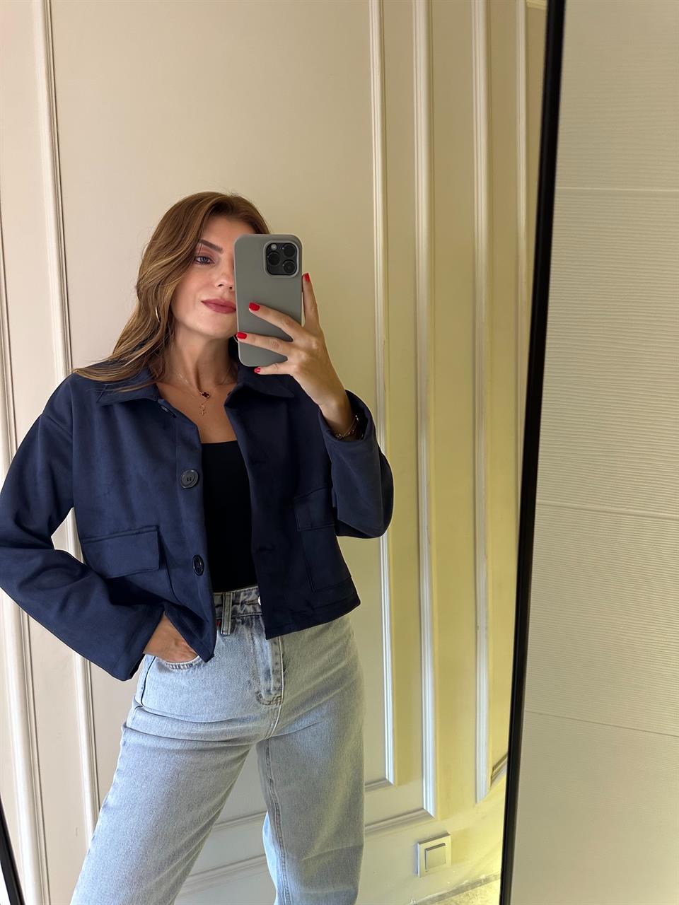 Lacivert Süet Düğmeli Ceket