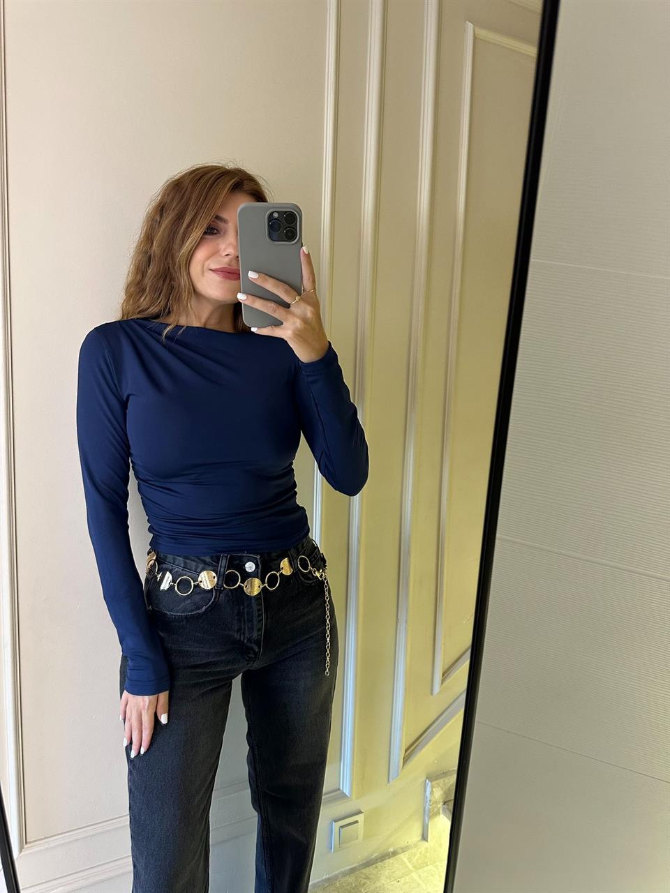 Lacivert Yan Büzgülü Crop Bluz