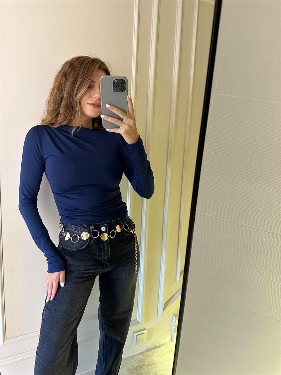 Lacivert Yan Büzgülü Crop Bluz