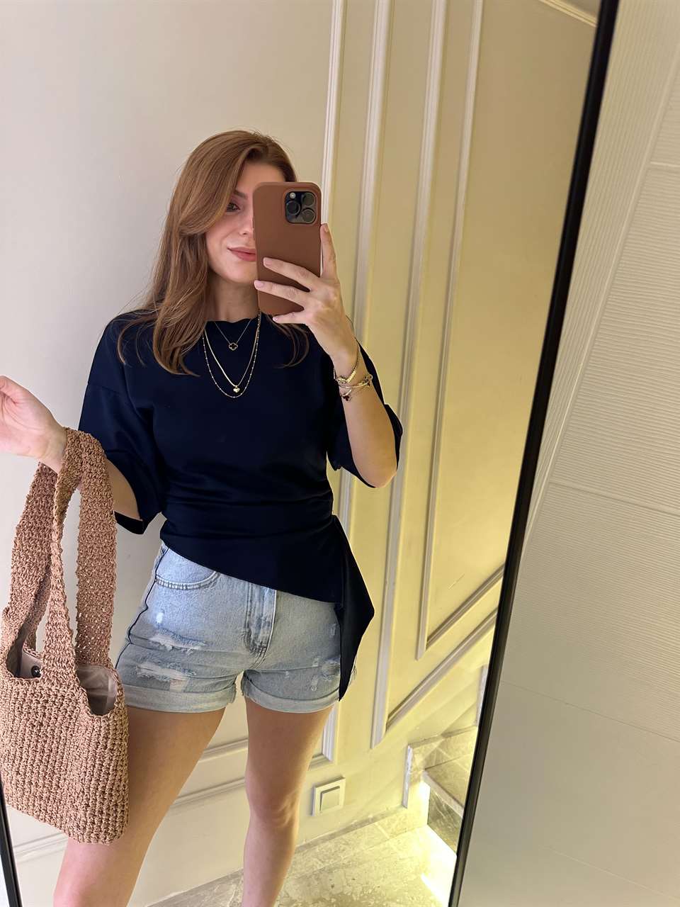 Lacivert Yanları Pileli Pamuk Tişört