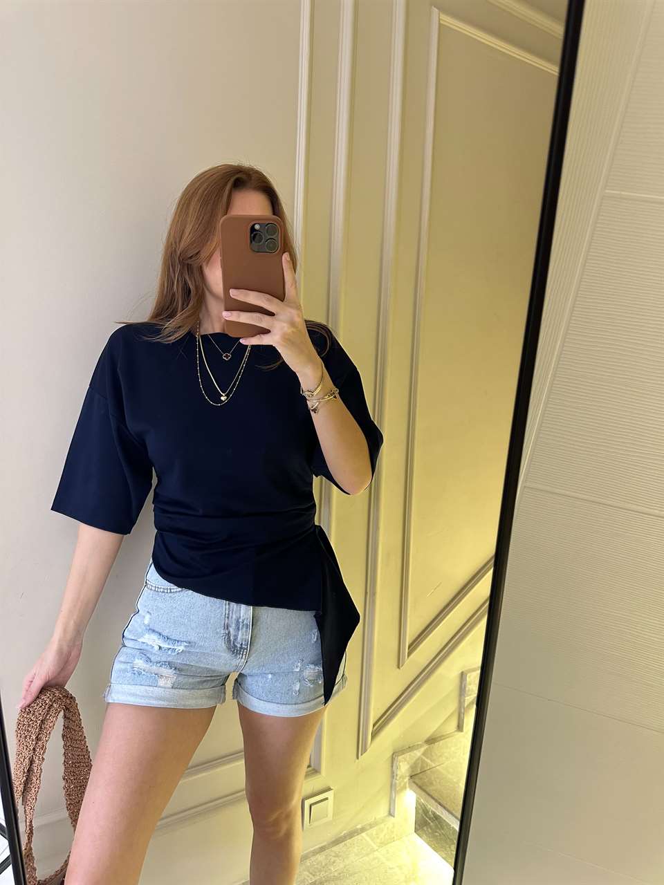 Lacivert Yanları Pileli Pamuk Tişört