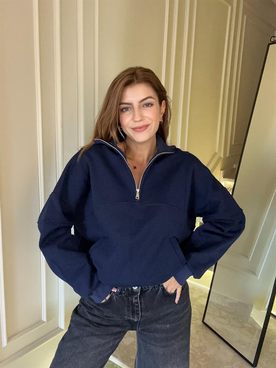Lacivert Yarım Fermuarlı Sweatshirt
