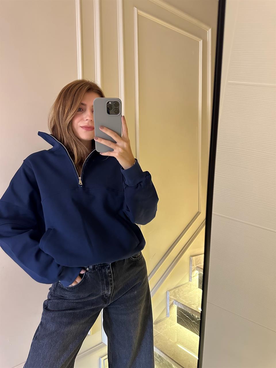 Lacivert Yarım Fermuarlı Sweatshirt