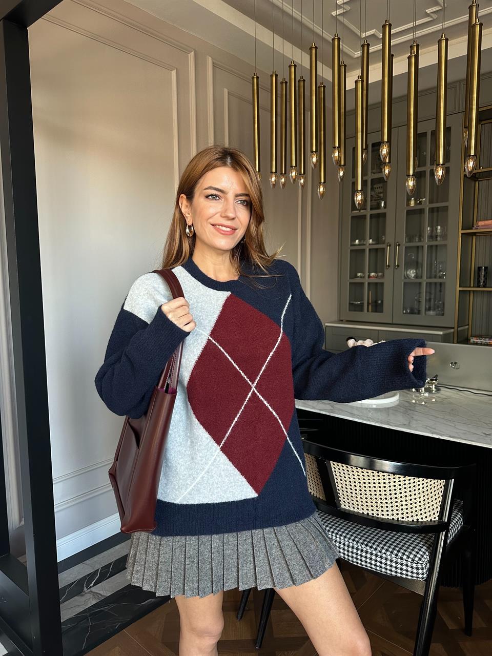 Lacivert Yumoş Baklava Desen Triko Kazak