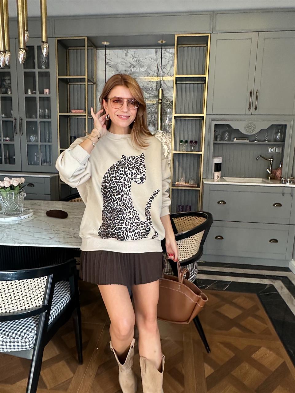 Bej Leo Baskı Ribanalı Sweatshirt