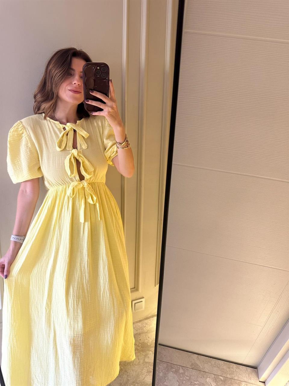 Limon Sarı Yaka Bağlamalı Müslin Kumaş Astarlı Elbise