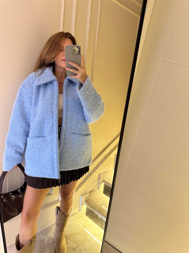 Mavi Fermuarlı Keçeli Kaşe Kaban