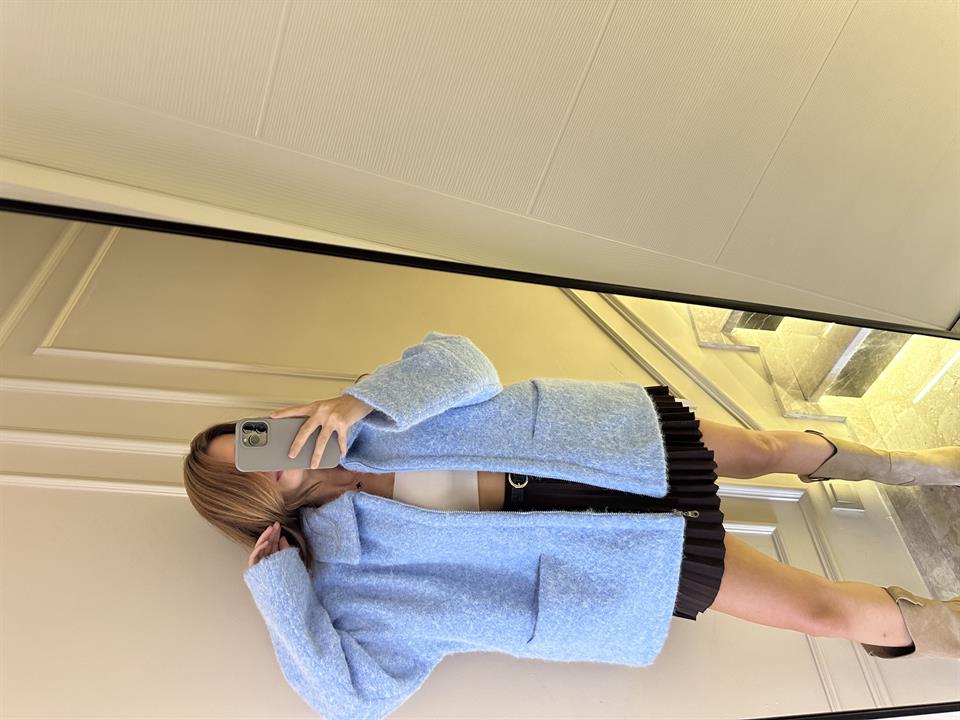 Mavi Fermuarlı Keçeli Kaşe Kaban