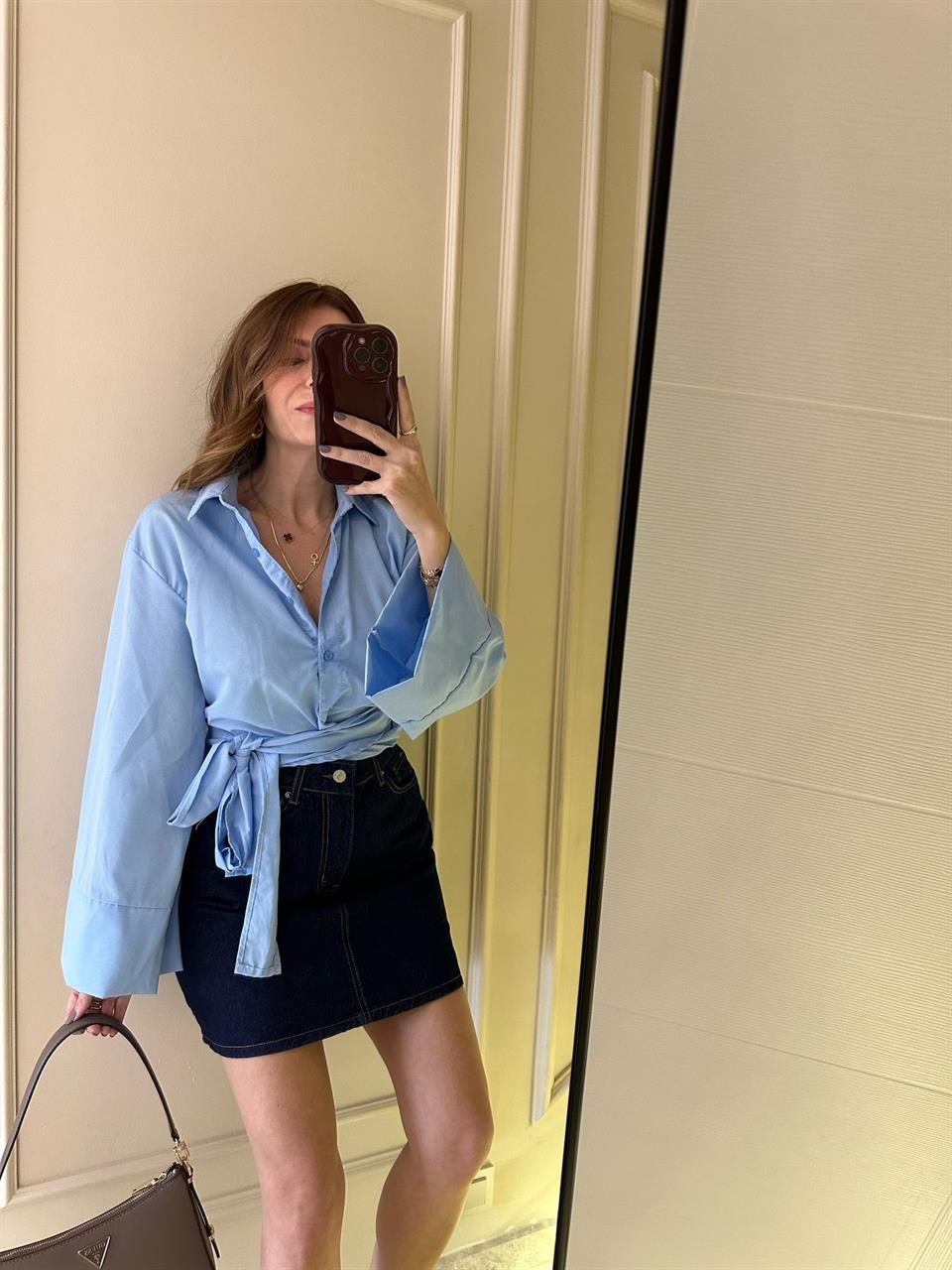 Mavi Geniş Kol Bağlamalı Gömlek