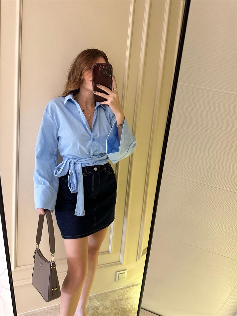 Mavi Geniş Kol Bağlamalı Gömlek