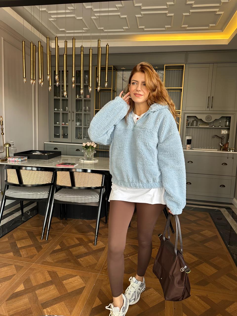 Mavi Kapşonlu Yarım Fermuar Peluş Ceket