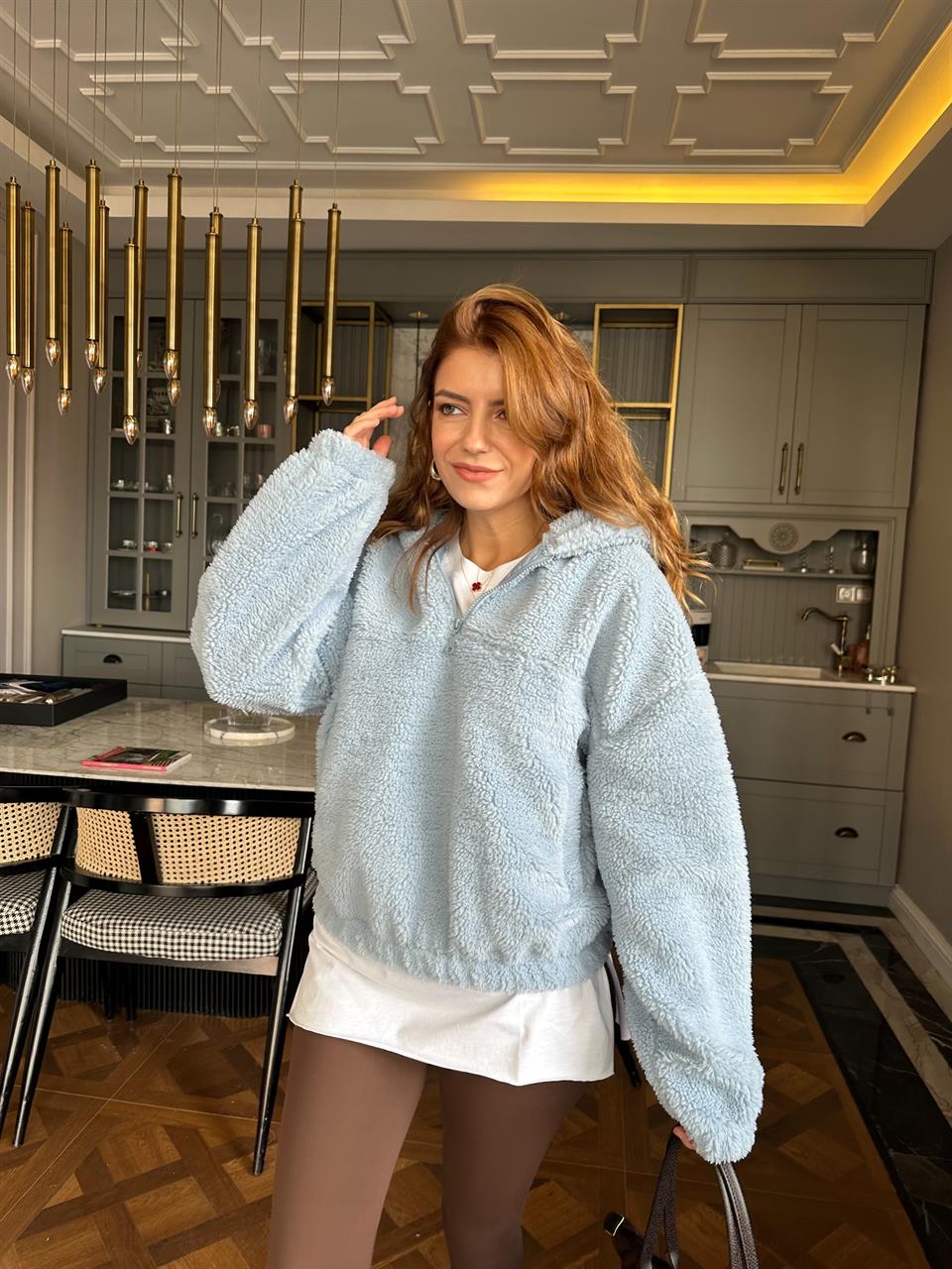 Mavi Kapşonlu Yarım Fermuar Peluş Ceket