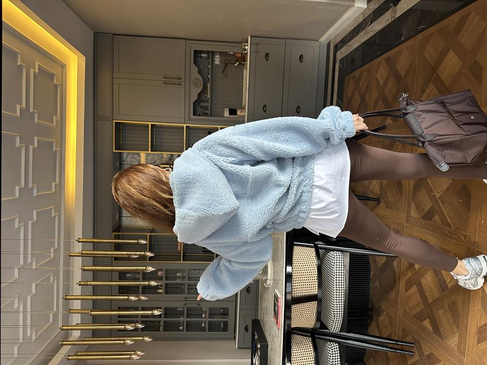 Mavi Kapşonlu Yarım Fermuar Peluş Ceket