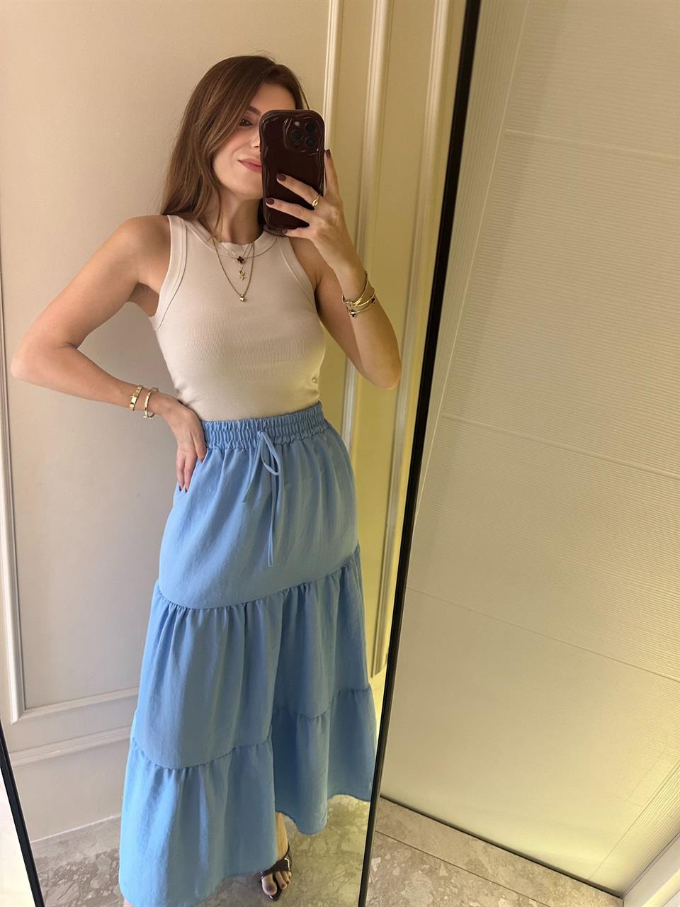Mavi Katlı Uzun Etek