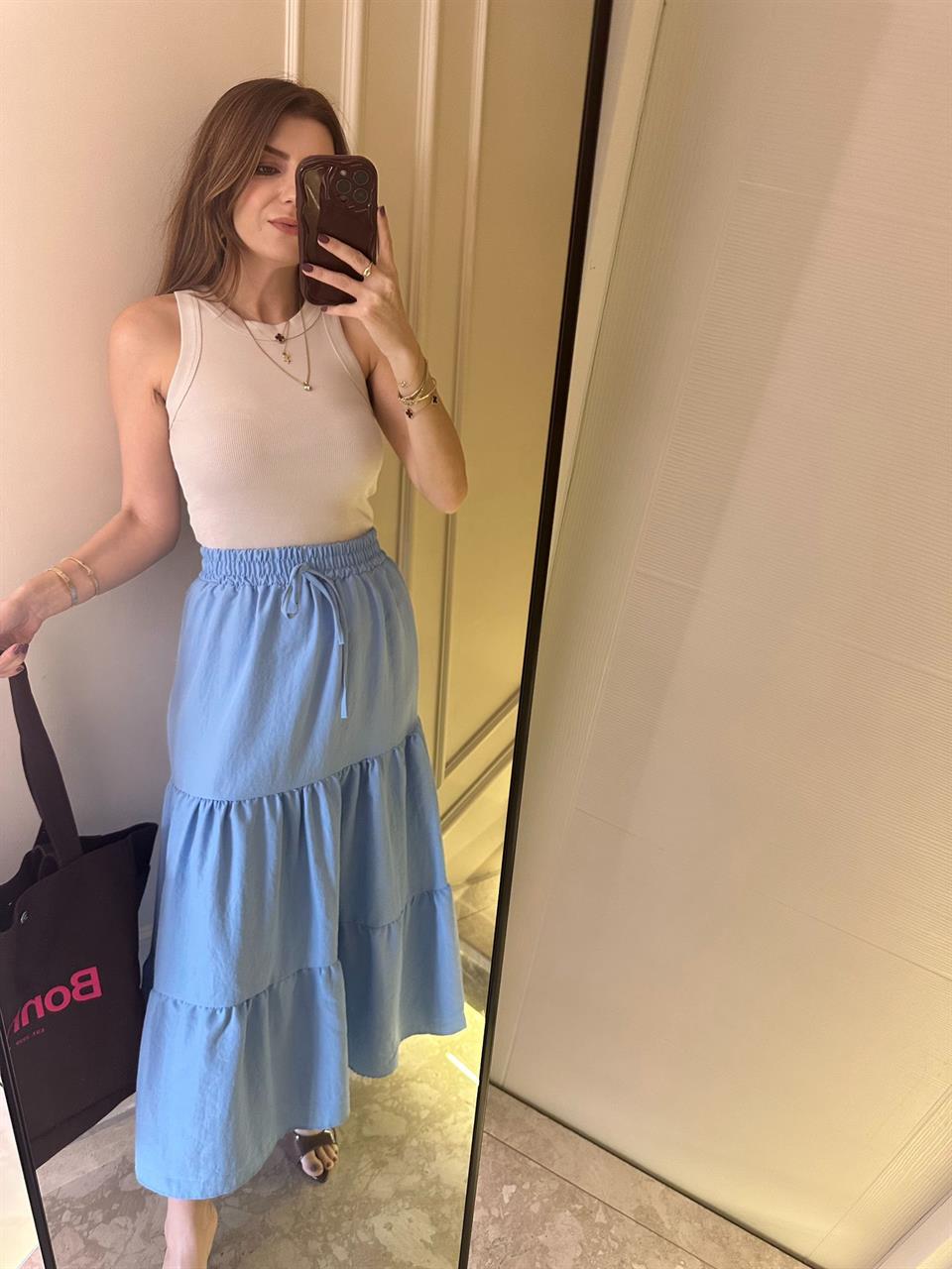 Mavi Katlı Uzun Etek
