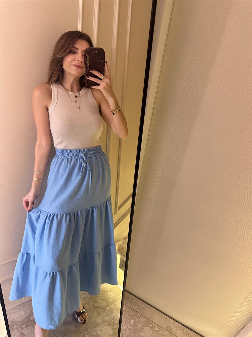 Mavi Katlı Uzun Etek
