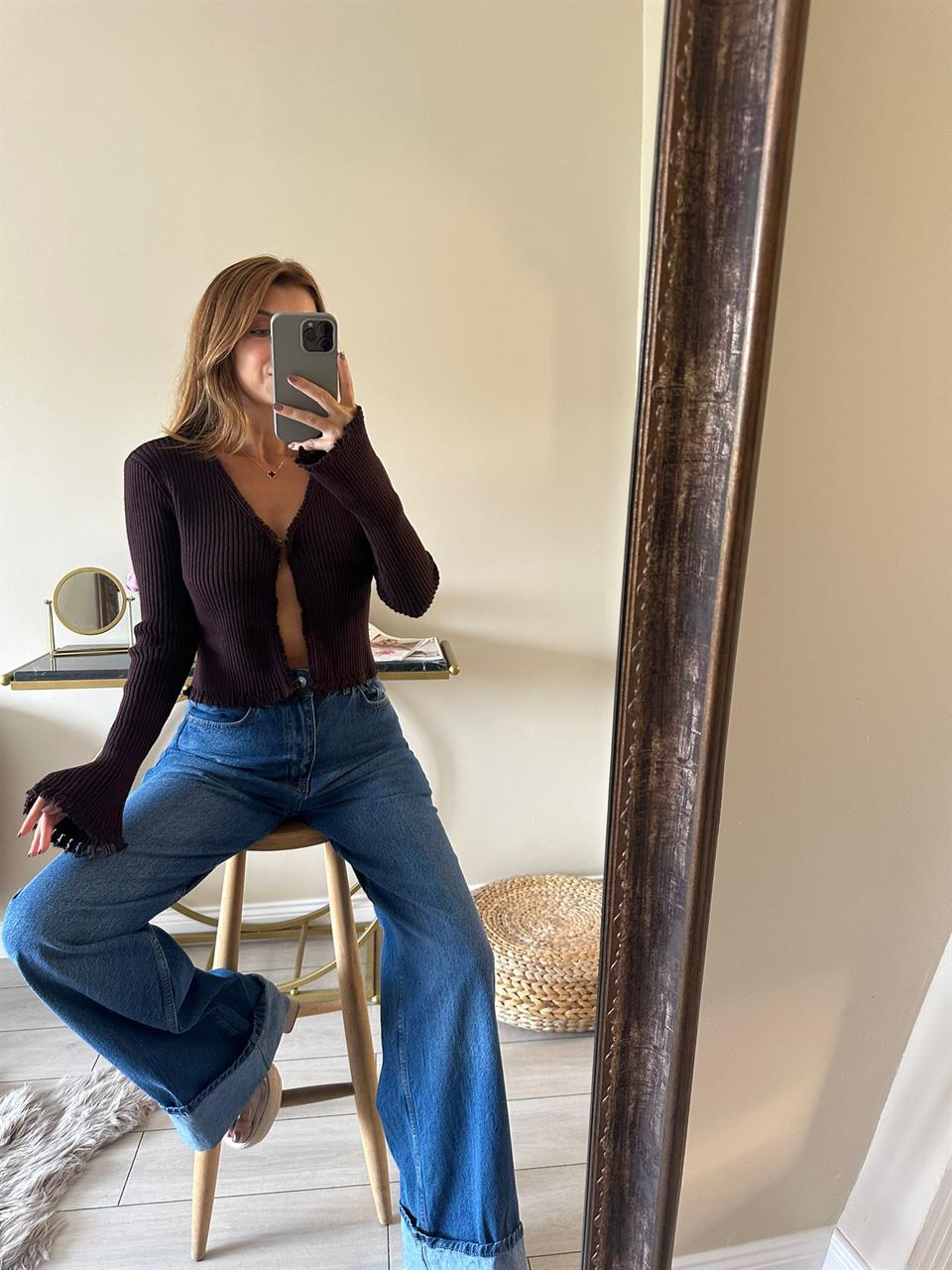 Mavi Kıvrık Paça Wide Leg Kot Pantolon