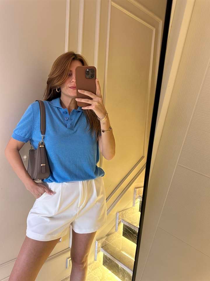 Mavi Polo Yaka İnce Triko Bluz