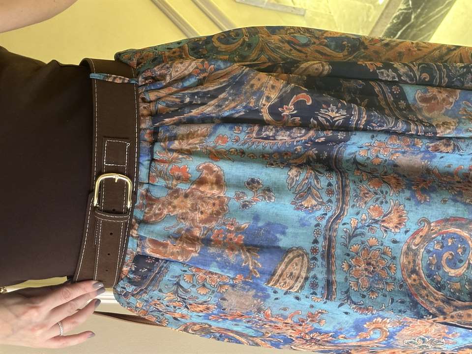 Mavi Şifon Kumaş Desenli Astarlı Etek