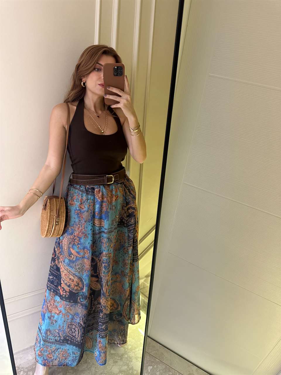 Mavi Şifon Kumaş Desenli Astarlı Etek