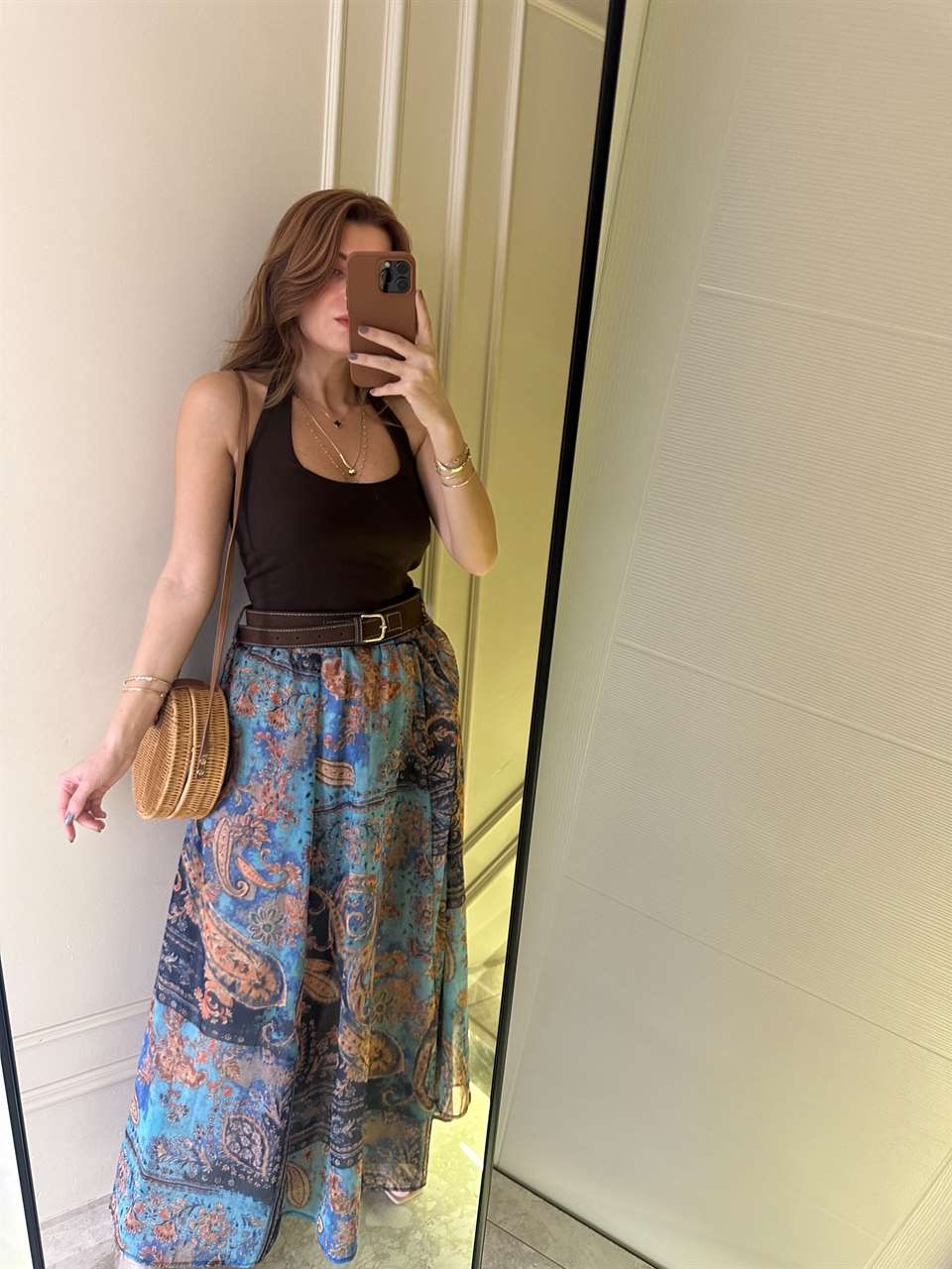 Mavi Şifon Kumaş Desenli Astarlı Etek