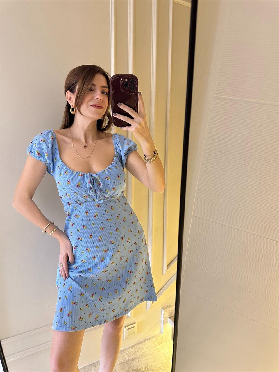 Mavi Yaka Bağlamalı Desenli Elbise