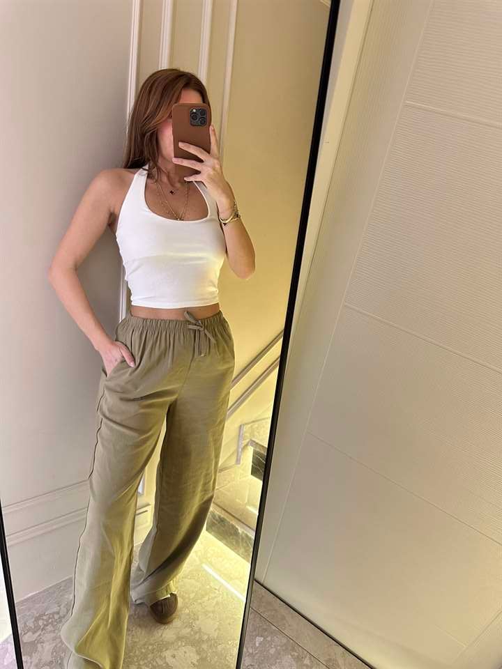 Mint Yeşili Bol Paça Tensel Pantolon
