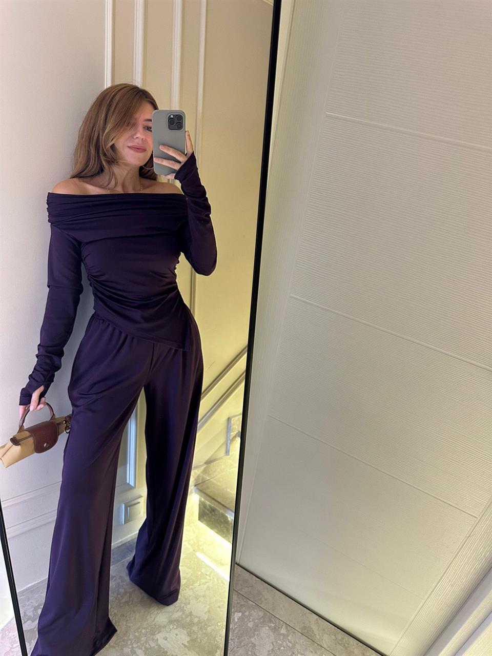 Mürdüm Asimetrik Bluz Pantolon Pamuklu Kumaş Takım