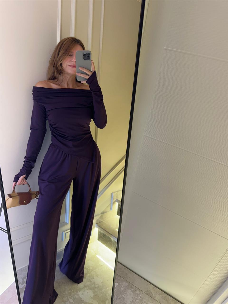 Mürdüm Asimetrik Bluz Pantolon Pamuklu Kumaş Takım