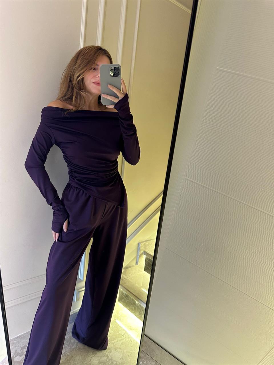 Mürdüm Asimetrik Bluz Pantolon Pamuklu Kumaş Takım